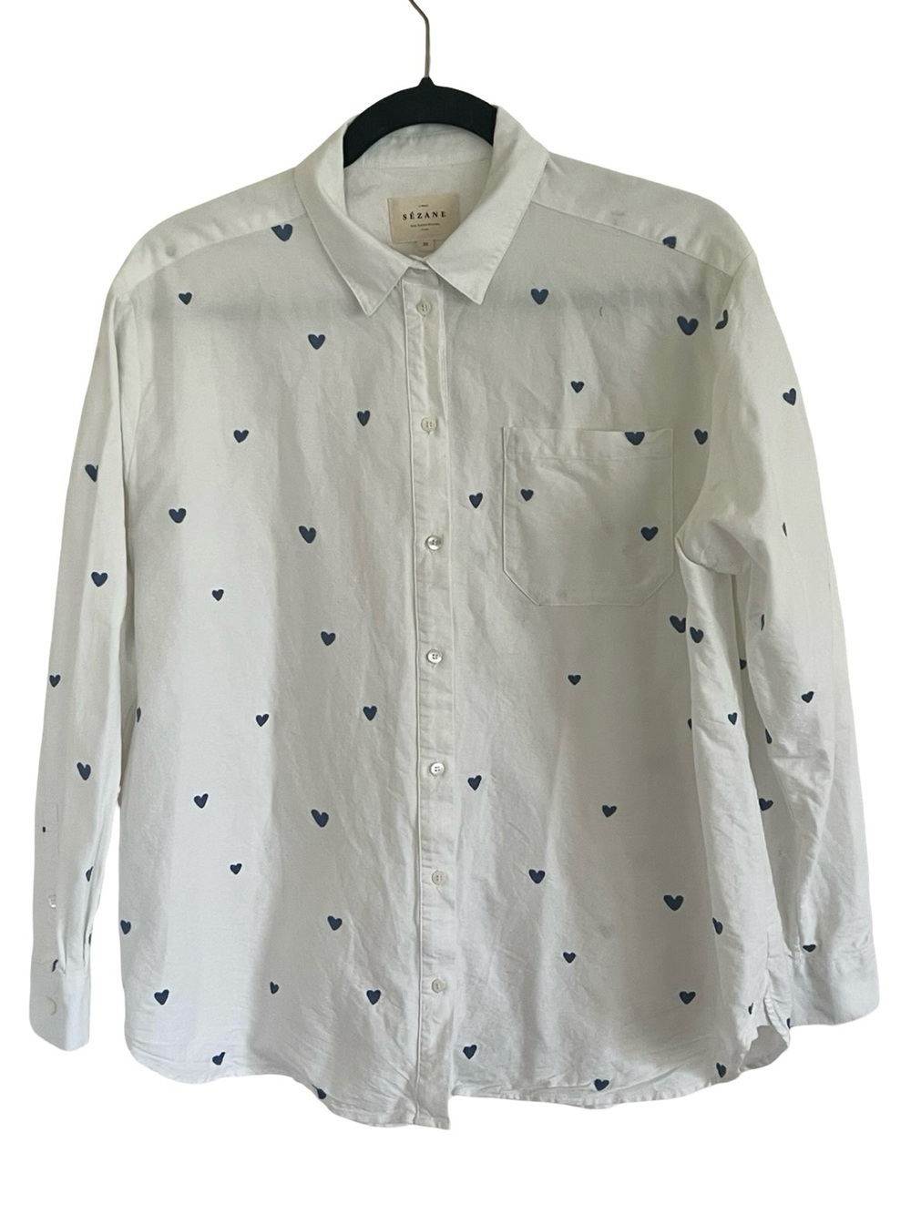 Sezane White 100% Cotton Tomboy Shirt in Embroidered Blue Hearts Print FR 38